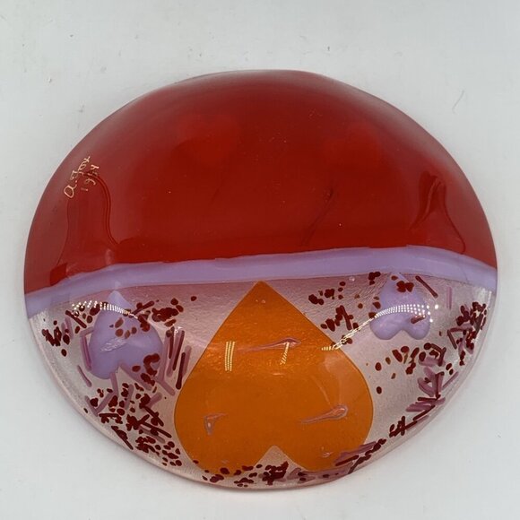 A Fox Fused Glass Heart Plate Tray 5” 1994 Art Glass Red Lavender Orange - Picture 8 of 9